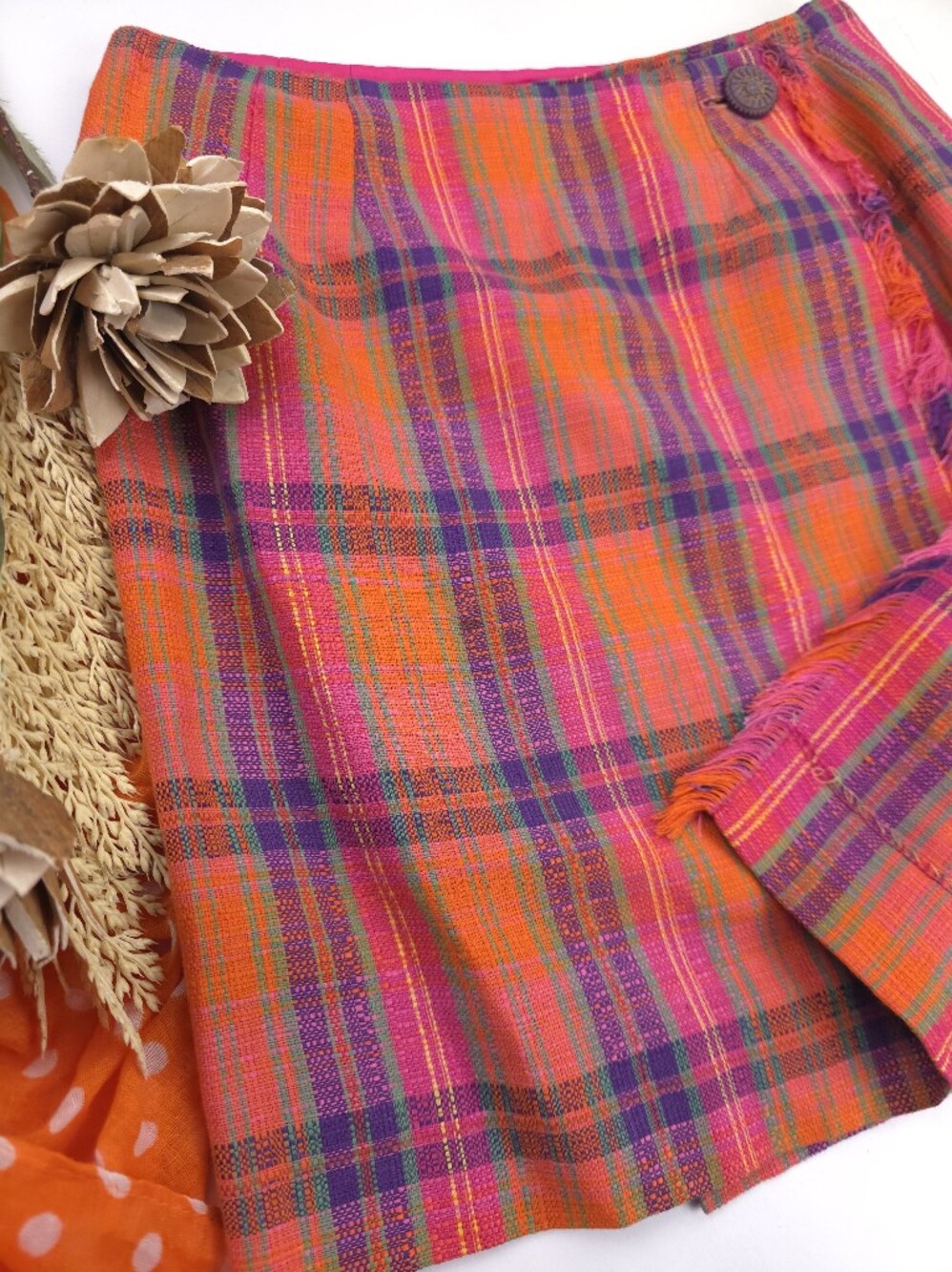 Arb Vibrant Orange & Pink Plaid Women's Wrap Skirt. Sz M